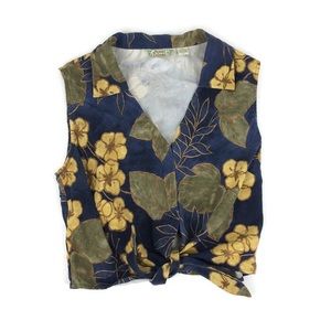 Tommy Bahama 100% Silk Blue Hawaiian Tie Crop Top